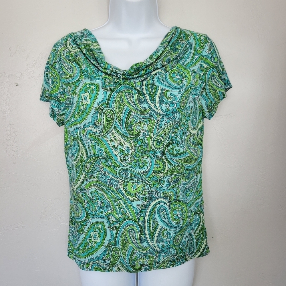 Jones & Co. Women's Small Blue Green Draped Front Blouse Short Sleeve Paisley